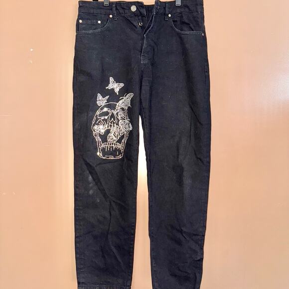 Boohoo Men's Skull Sequin Embroidered Graphic Black Denim Jeans - 34/30 - Picture 1 of 9